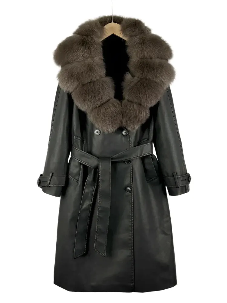 Women's Vintage Loose PU Leather Jacket - Real Fox Fur, Double-Breasted Belt Coat, Autumn/Winter Streetwear Outwear
