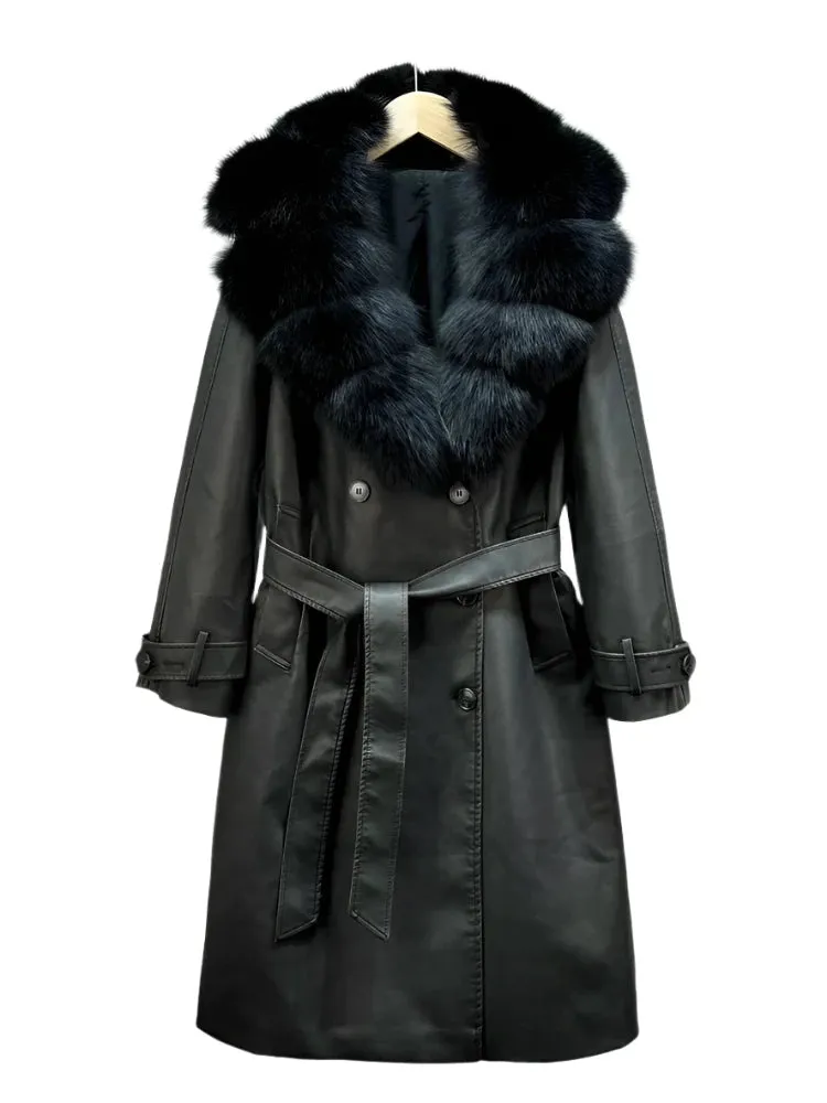 Women's Vintage Loose PU Leather Jacket - Real Fox Fur, Double-Breasted Belt Coat, Autumn/Winter Streetwear Outwear