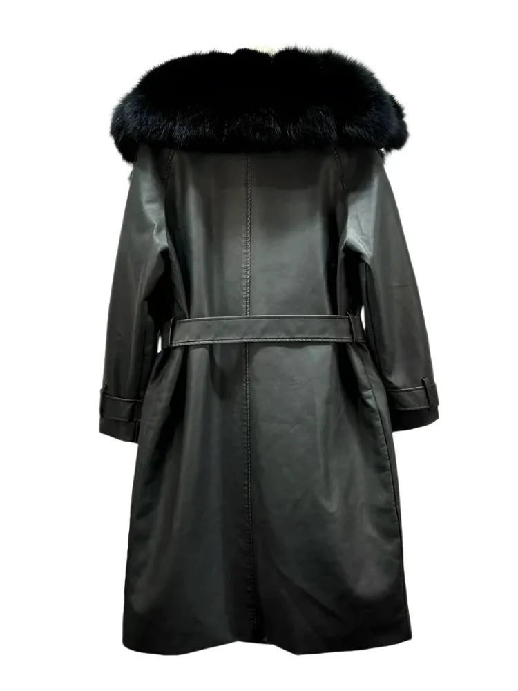Women's Vintage Loose PU Leather Jacket - Real Fox Fur, Double-Breasted Belt Coat, Autumn/Winter Streetwear Outwear
