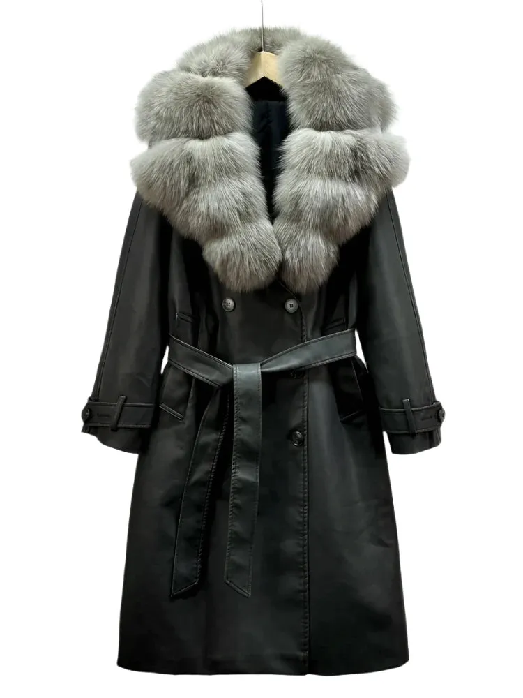 Women's Vintage Loose PU Leather Jacket - Real Fox Fur, Double-Breasted Belt Coat, Autumn/Winter Streetwear Outwear