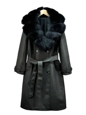 Women's Vintage Loose PU Leather Jacket - Real Fox Fur, Double-Breasted Belt Coat, Autumn/Winter Streetwear Outwear