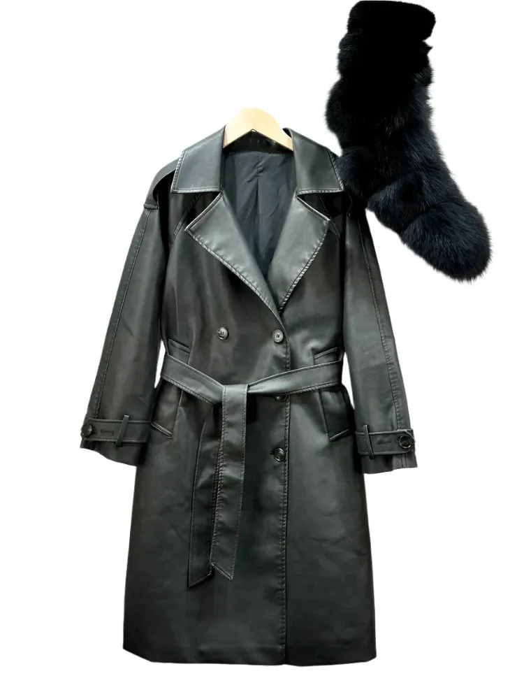 Women's Vintage Loose PU Leather Jacket - Real Fox Fur, Double-Breasted Belt Coat, Autumn/Winter Streetwear Outwear