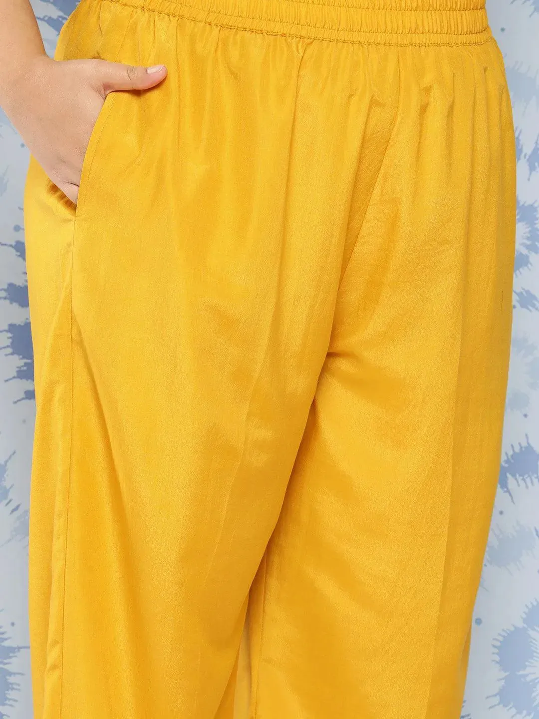 Yellow Printed Chiffon Straight Kurta With Trousers and Dupatta